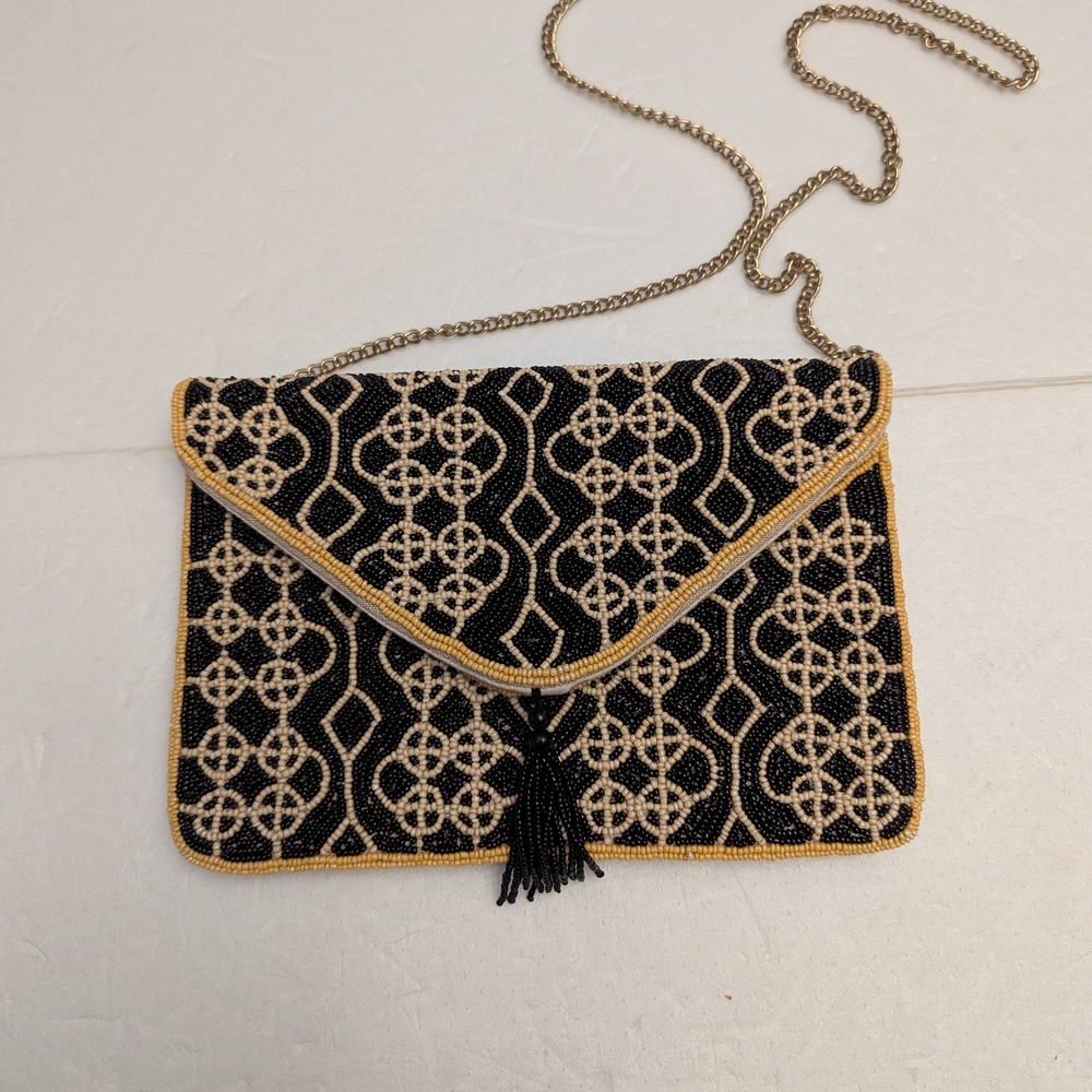 Black and Gold Geometric Beaded Clutch with Chain Strap
